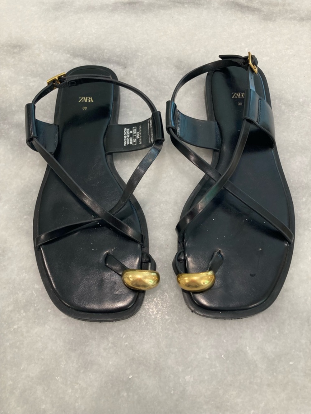 ZARA Black Leather Flat Strappy Gold Metal Toe Sandals - Picture 3 of 15